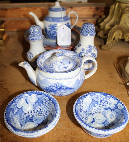 Ten Staffordshire pearlware pottery items, plates 21cm, globular teapot with restorations